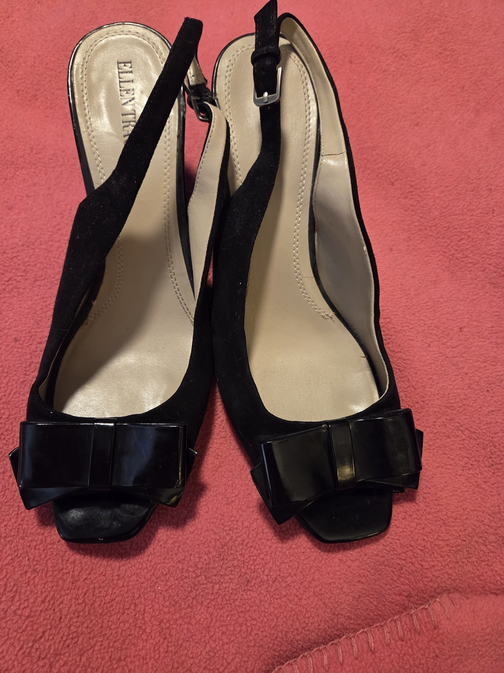Ellen Tracy Black Suede Slingback Heels with Patent Bow